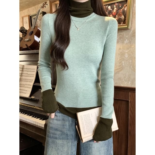 satierra-Long-Sleeve Turtleneck Two Tone Knit Top