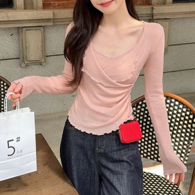 satierra-Long-Sleeve V-Neck Plain Crop Top