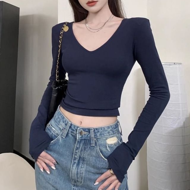 satierra-Long Sleeve V-Neck Plain Shoulder Pad Crop Top