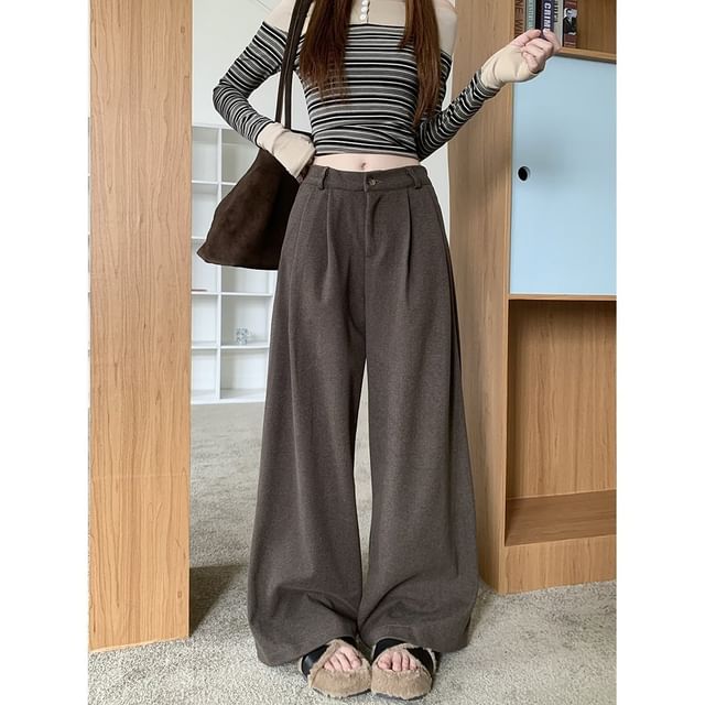 satierra-Mid Rise Plain Wide Leg Pants
