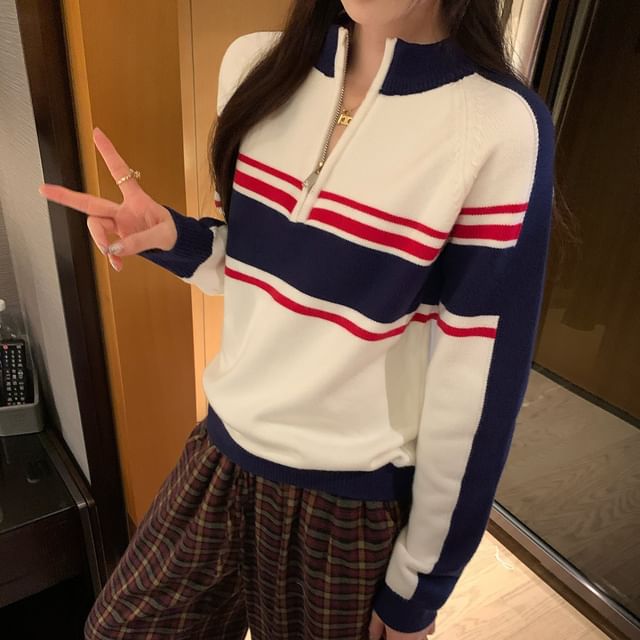 satierra-Mock Neck Color Block Half-Zip Sweater