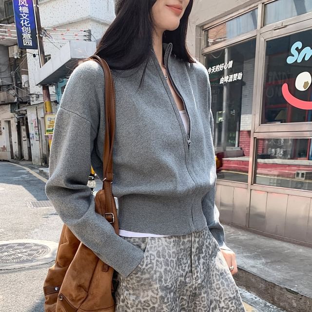 satierra-Mock Neck Melange Zip Cardigan