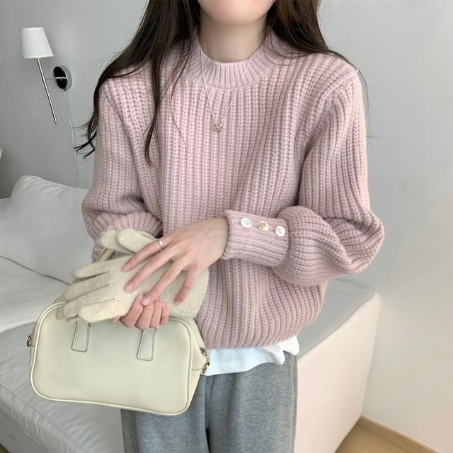 satierra-Mock Neck Plain Chunky Knit Sweater