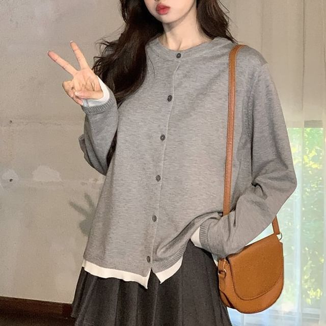 satierra-Mock Two-Piece Crew Neck Contrast Trim Button-Up Cardigan