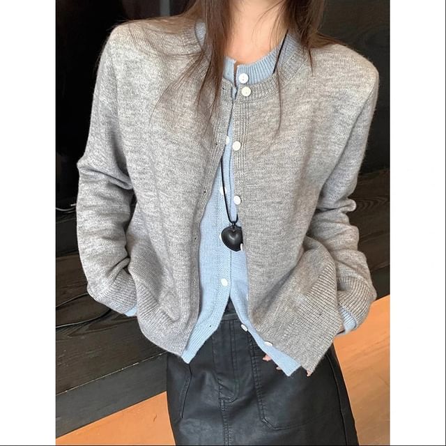 satierra-Mock Two-Piece Crew Neck Two Tone Button-Up Cardigan