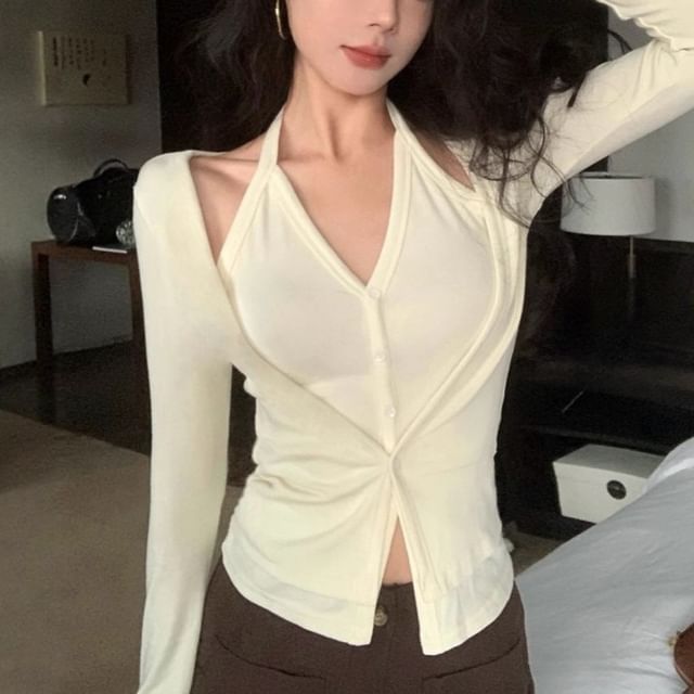 satierra-Mock Two-Piece Halter V-Neck Button-Up Plain Crop Cardigan