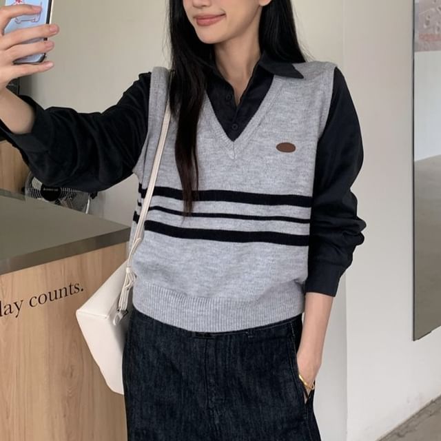 satierra-Mock Two-Piece Long-Sleeve Collared Striped Top