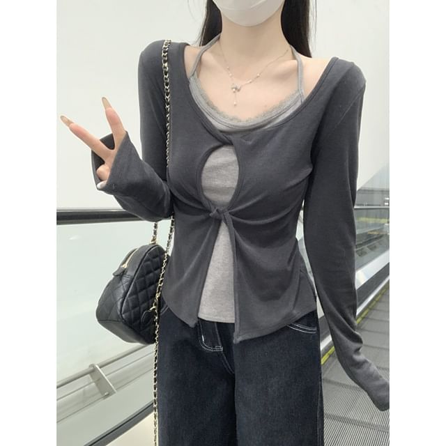 satierra-Mock Two-Piece Long-Sleeve Cutout Plain Top