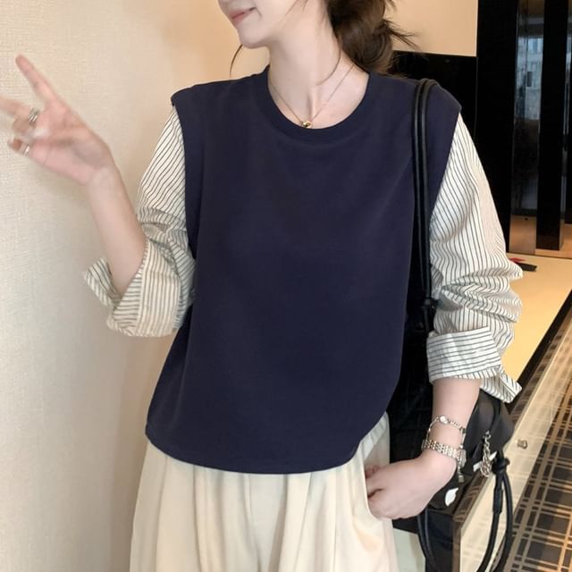 satierra-Mock Two-Piece Long-Sleeve Round Neck Striped Blouse