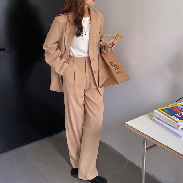 satierra-Notch Lapel Plain Single-Breasted Blazer High Waist Gradient Loose Fit Slacks