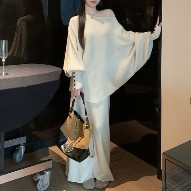 satierra-Off Shoulder Plain Sweater Maxi Skirt