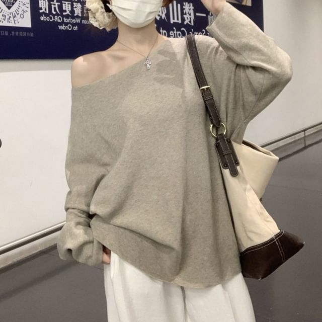 satierra-Off-Shoulder Plain Sweater