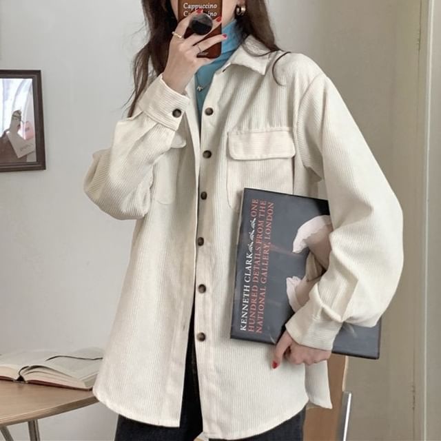 satierra-Plain Button-Up Corduroy Shirt Jacket