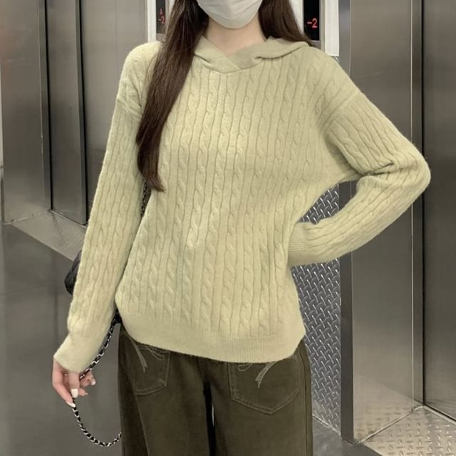 satierra-Plain Hood Cable Knit Sweater