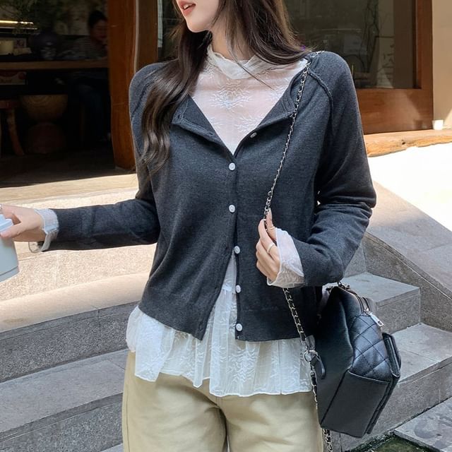 satierra-Round Neck Button-Up Plain Cardigan Long-Sleeve Turtleneck Lace Top