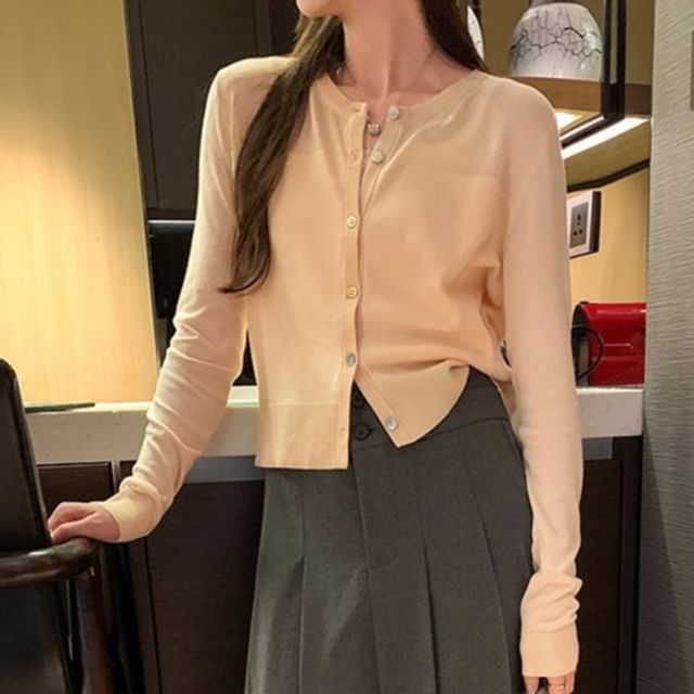 satierra-Round Neck Plain Cardigan