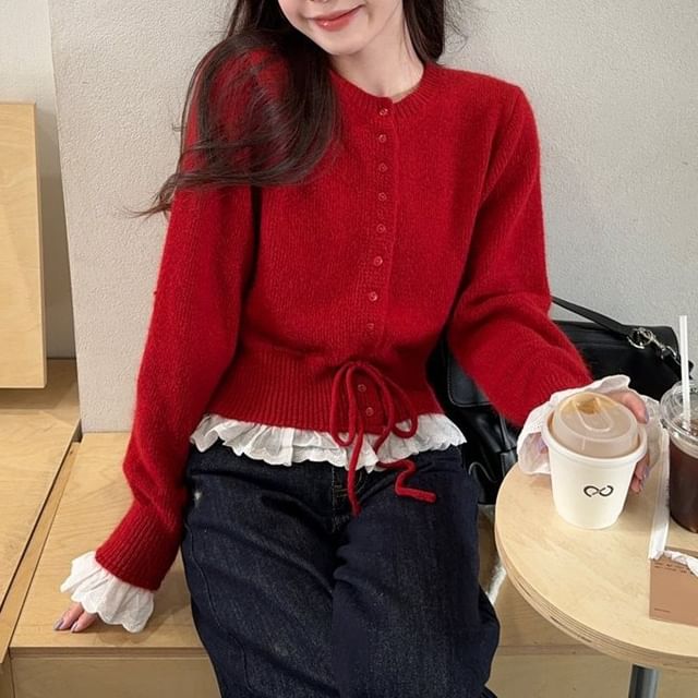 satierra-Round Neck Ruffle Panel Drawstring Cardigan