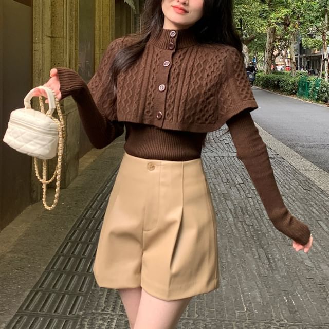 satierra-Set Stand Collar Plain Cable Knit Button Capelet Long Sleeve Ribbed Knit Top