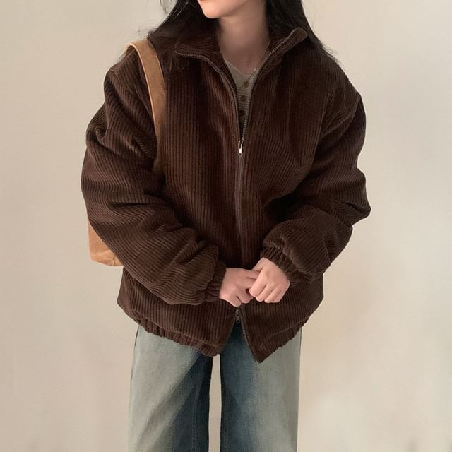 satierra-Stand Collar Plain Corduroy Zip Puffer Jacket