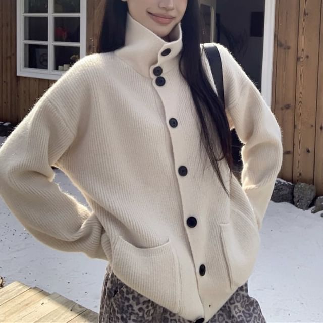satierra-Stand Collar Plain Ribbed Cardigan