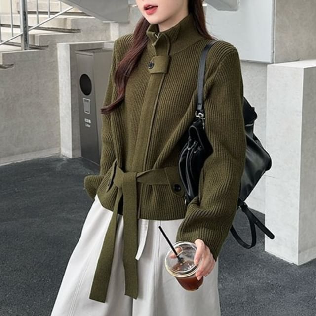 satierra-Stand Collar Plain Zip Tie-Waist Cardigan