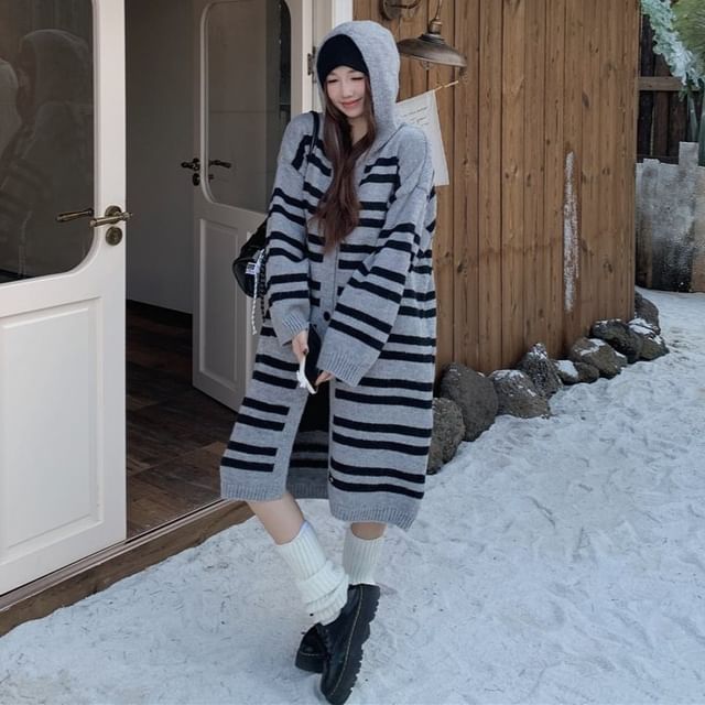 satierra-Striped Hooded Midi Cardigan