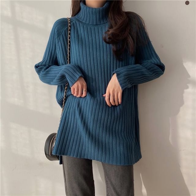 satierra-Turtleneck Plain Oversized Sweater