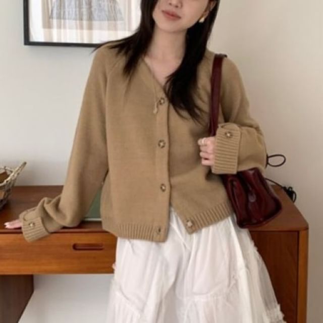 satierra-V-Neck Button-Up Plain Cardigan