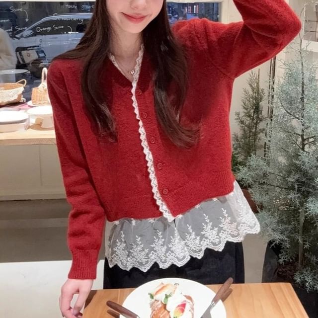 satierra-V-Neck Lace Panel Cardigan