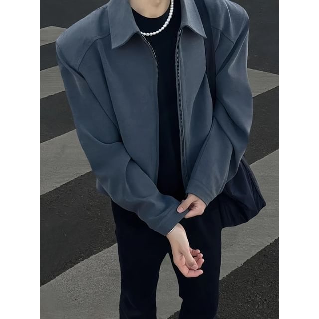 Savenne-Collar Padded-Shoulder Plain Zip Jacket
