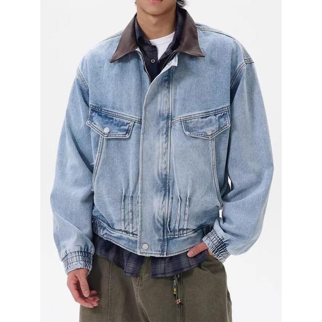 Savenne-Collared Drop Shoulder Washed Denim Zip Jacket