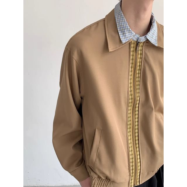 Savenne-Collared Plaid Trim Zip-Up Jacket