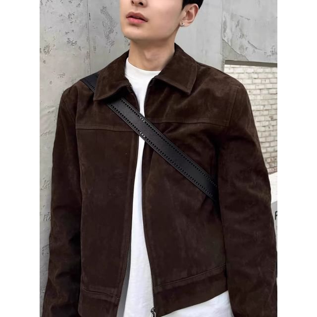 Savenne-Collared Plain Faux Suede Zip Jacket