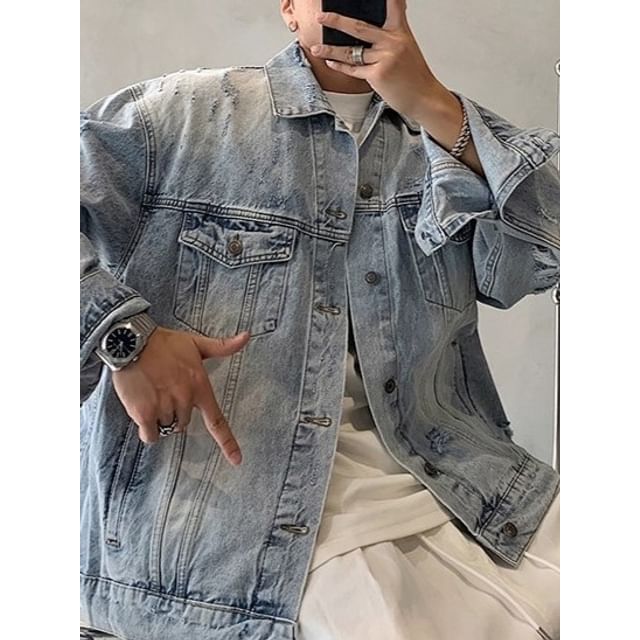 Savenne-Collared Washed Button-Up Denim Jacket