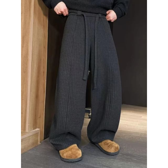 Savenne-Drawstring Waist Pinstriped Barrel Leg Pants