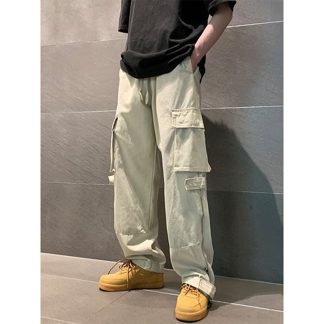 Savenne-Drawstring Waist Plain Cargo Wide Leg Pants