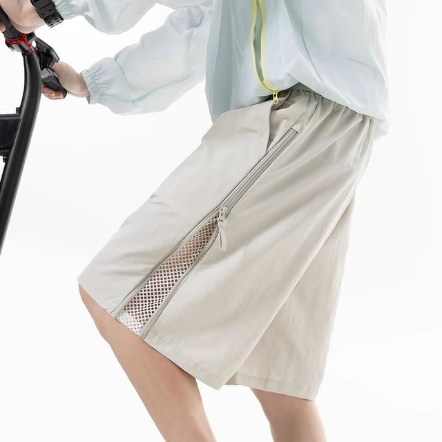 Savenne-Drawstring Waist Plain Mesh Panel Shorts