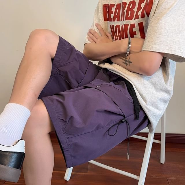 Savenne-Drawstring Waist Plain Wide Leg Shorts