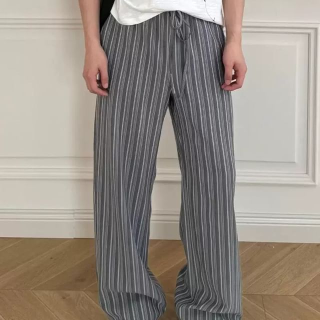 Savenne-Drawstring Waist Striped Wide Leg Pants