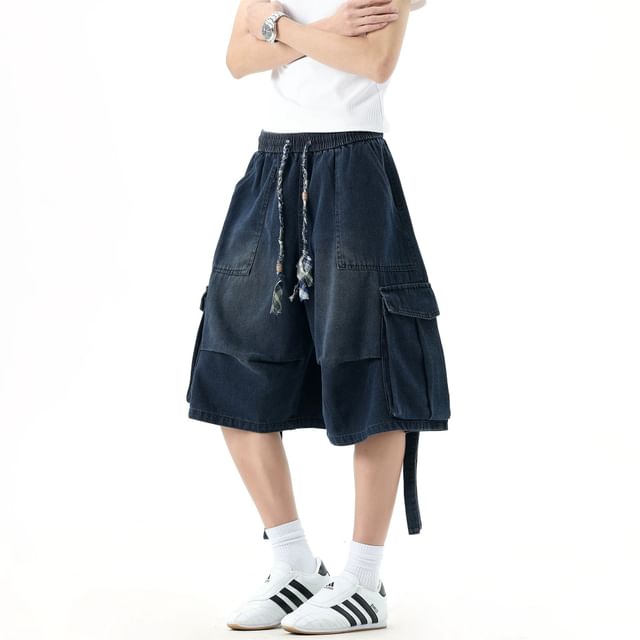 Savenne-Drawstring Waist Washed Wide Leg Cargo Jorts