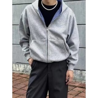 Savenne-Drop Shoulder Plaid Lined Zip Hoodie