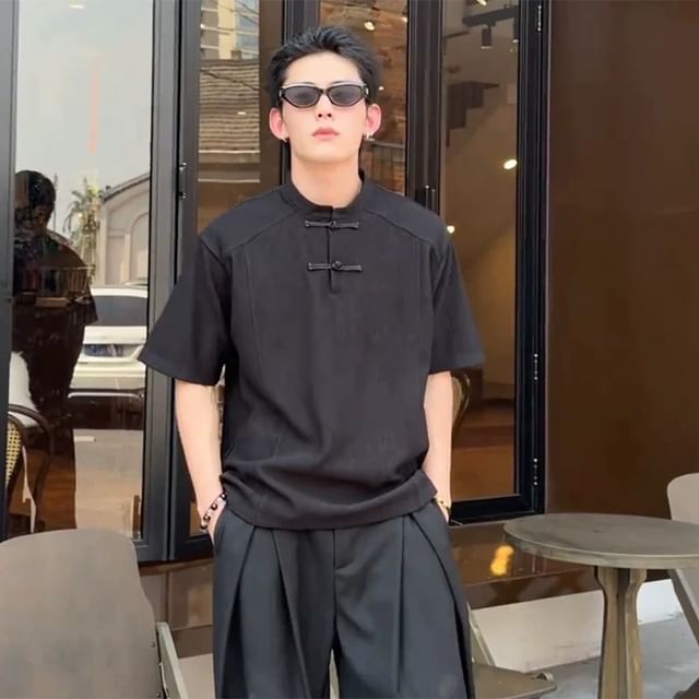 Savenne-Elbow-Sleeve Stand Collar Plain Frog Buttoned T-Shirt