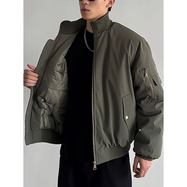Savenne-High Neck Plain Zip-Up Padded Bomber Jacket