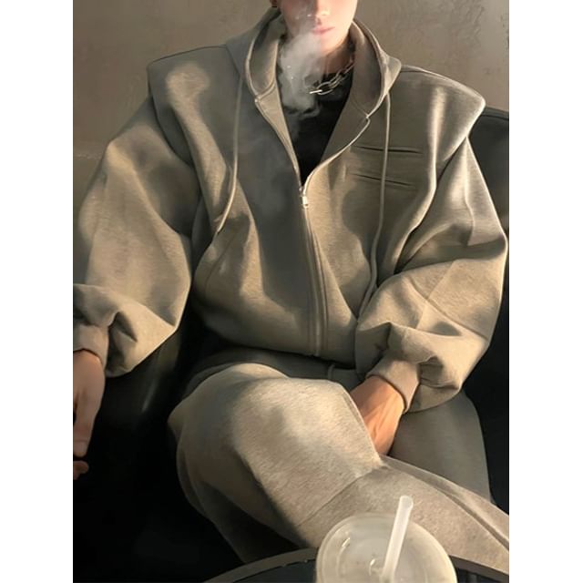 Savenne-Hooded Drop Shoulder Plain Zip Jacket