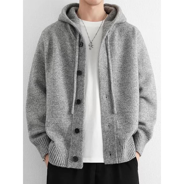 Savenne-Hooded Plain Button Up Cardigan
