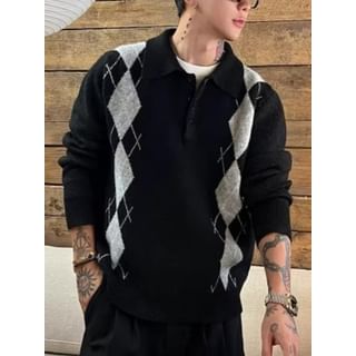 Savenne-Long-Sleeve Argyle Knit Polo Top