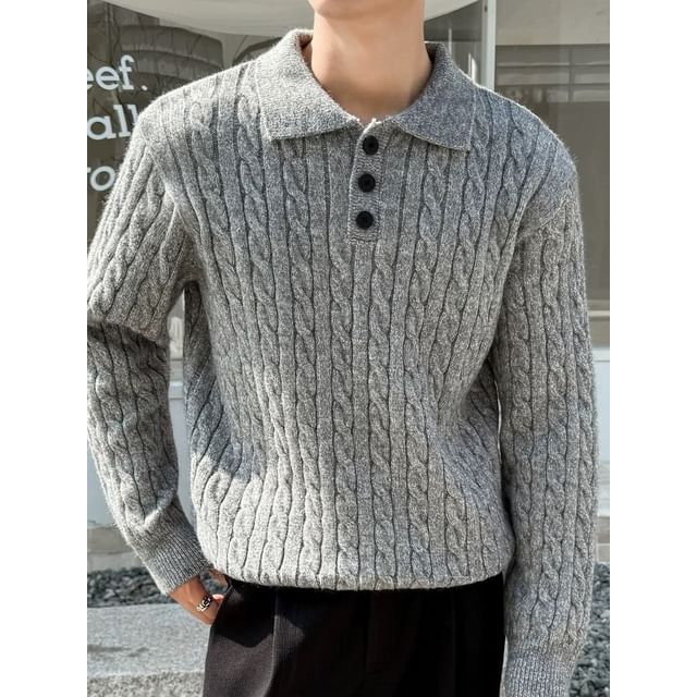 Savenne-Long-Sleeve Cable Knit Polo Shirt