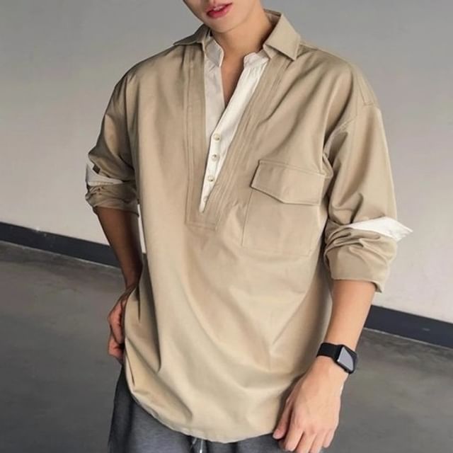 Savenne-Long Sleeve Collared Mock Two Piece Shirt