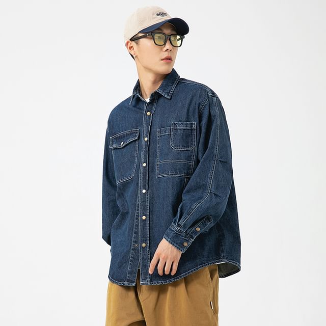 Savenne-Long Sleeve Collared Panel Denim Shirt