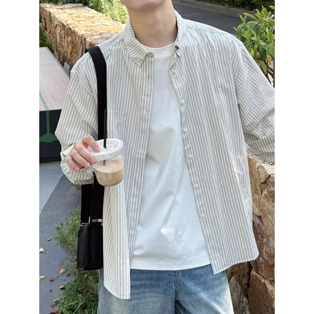 Savenne-Long-Sleeve Collared Striped Button Up Shirt